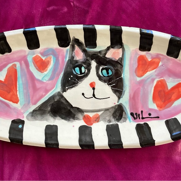 Handmade Ceramic Serving Tray 12.5”x5.5” original design Cat and Heart Design - Picture 4 of 12